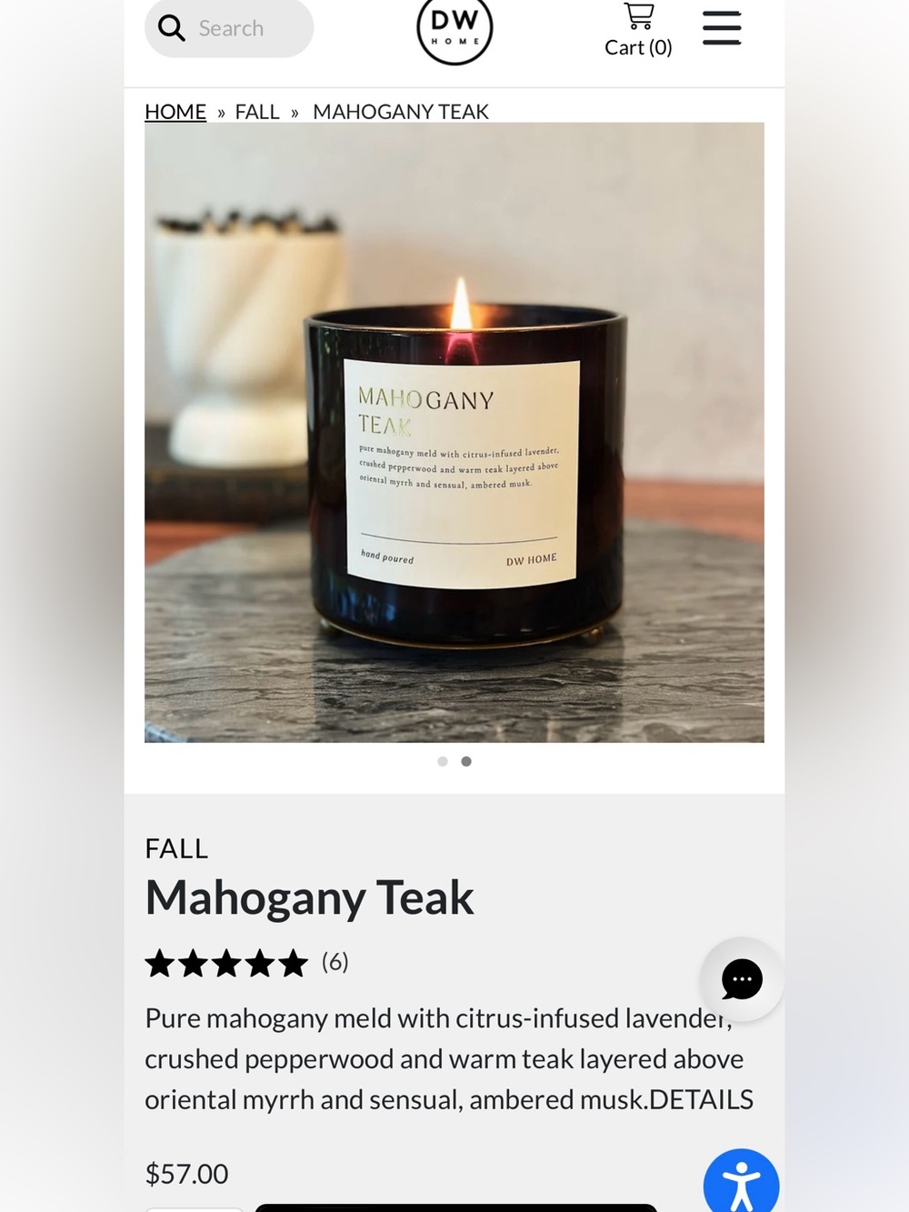 DW Home Mahogany Teak Wooden Wick Candle in Rich Dark Glass and Bottom Feet